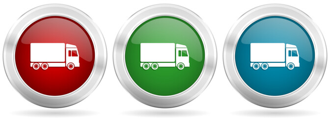 Poster - Delivery vector icon set. Red, blue and green silver metallic web buttons with chrome border