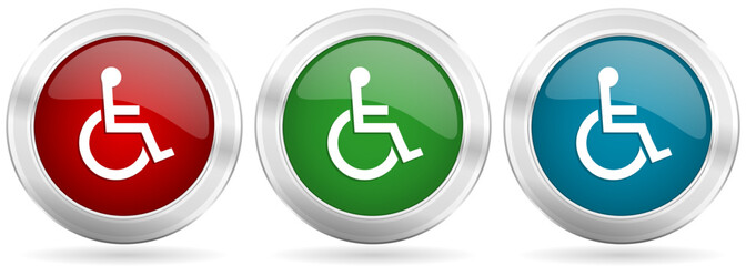 Poster - Wheelchair vector icon set. Red, blue and green silver metallic web buttons with chrome border