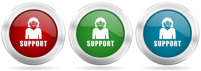 Leinwandbilder - Support vector icon set. Red, blue and green silver metallic web buttons with chrome border