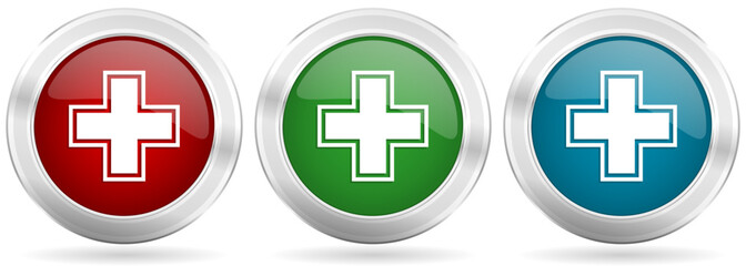 Leinwandbilder - Pharmacy vector icon set. Red, blue and green silver metallic web buttons with chrome border