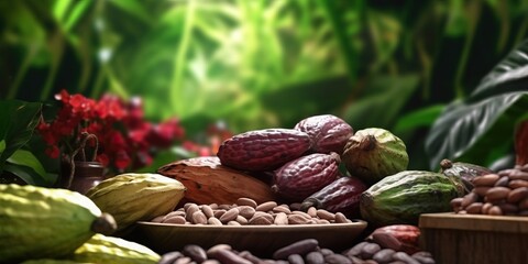 Portrait cocoa beans with cocoa fruits on the table AI Generative