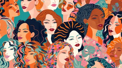 Wall Mural - vector illustration of a diverse group of beautiful women with natural beauty and glowing smooth ski