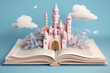 open book with princess castle with flowers and clouds growing out of it paper cut style with pastel colors created with AI generative tools