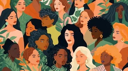 Wall Mural - vector illustration of a diverse group of beautiful women with natural beauty and glowing smooth ski