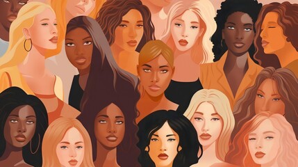 Wall Mural - vector illustration of a diverse group of beautiful women with natural beauty and glowing smooth ski