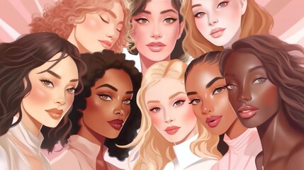 Wall Mural - vector illustration of a diverse group of beautiful women with natural beauty and glowing smooth ski