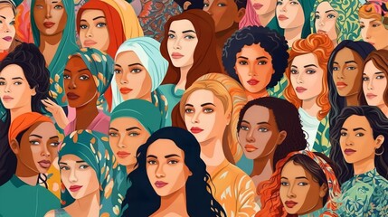 Wall Mural - vector illustration of a diverse group of beautiful women with natural beauty and glowing smooth ski