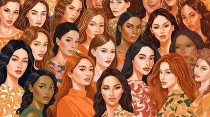 Wall Mural - vector illustration of a diverse group of beautiful women with natural beauty and glowing smooth ski