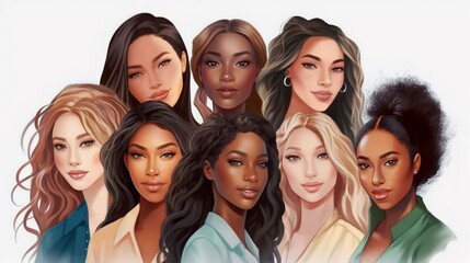 Wall Mural - vector illustration of a diverse group of beautiful women with natural beauty and glowing smooth ski