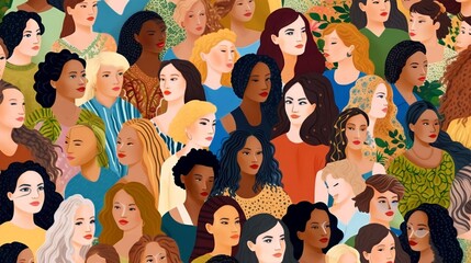 Wall Mural - vector illustration of a diverse group of beautiful women with natural beauty and glowing smooth ski