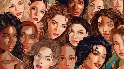 Wall Mural - vector illustration of a diverse group of beautiful women with natural beauty and glowing smooth ski
