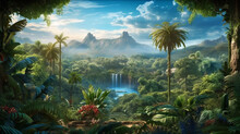 Amazing View Of A Wide Unknown Jungle From An Exotic World With Trees Like Palm Some Blue Plant And Flowers Quiet River And Waterfall Plus Foggy Mountains - AI Generated