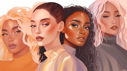 Wall Mural - vector illustration of a diverse group of beautiful women with natural beauty and glowing smooth ski