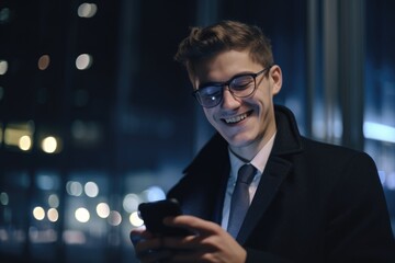 a young caucasian businessman executive using mobile phone with background of modern office buildings at night Generative AI AIG18.