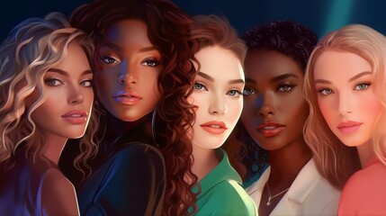 Wall Mural - vector illustration of a diverse group of beautiful women with natural beauty and glowing smooth ski
