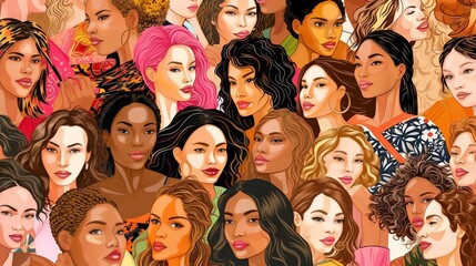 Wall Mural - vector illustration of a diverse group of beautiful women with natural beauty and glowing smooth ski