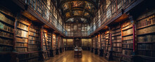 Old Library Holding Many Historical Old Books And Manuscripts. Wide Format. Hand Edited Generative AI.