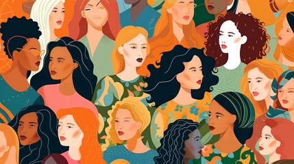 Wall Mural - vector illustration of a diverse group of beautiful women with natural beauty and glowing smooth ski