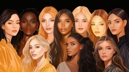 Wall Mural - vector illustration of a diverse group of beautiful women with natural beauty and glowing smooth ski