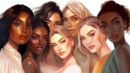 Wall Mural - vector illustration of a diverse group of beautiful women with natural beauty and glowing smooth ski