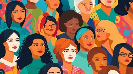 Wall Mural - vector illustration of a diverse group of beautiful women with natural beauty and glowing smooth ski