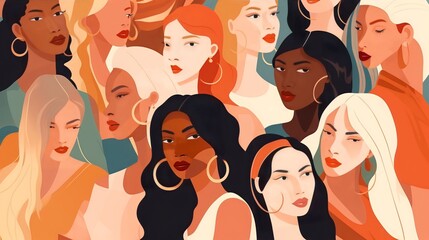 Wall Mural - vector illustration of a diverse group of beautiful women with natural beauty and glowing smooth ski