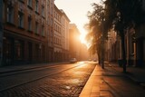 Fototapeta Uliczki - empty city streets on the sunrise, architecture, Generative AI