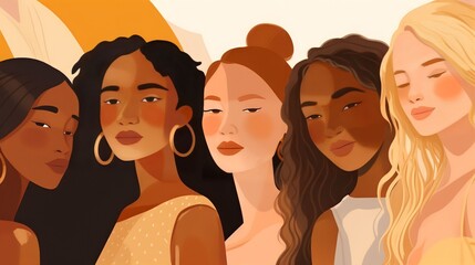 Wall Mural - vector illustration of a diverse group of beautiful women with natural beauty and glowing smooth ski