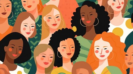 Wall Mural - vector illustration of a diverse group of beautiful women with natural beauty and glowing smooth ski