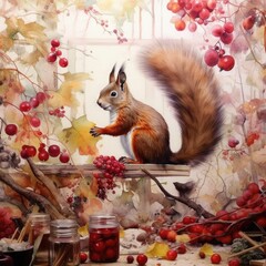 Wall Mural - watercolor squirrel standing near some red berries Generative Ai