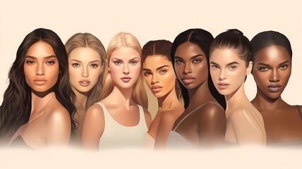 Wall Mural - vector illustration of a diverse group of beautiful women with natural beauty and glowing smooth ski
