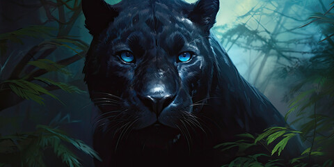 Wild black panther in the jungle. Panthera. Generative AI