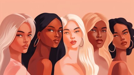 Wall Mural - vector illustration of a diverse group of beautiful women with natural beauty and glowing smooth ski