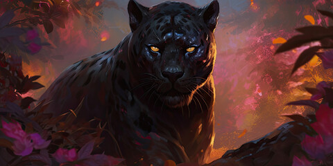 Wall Mural - Wild black panther in the jungle. Panthera. Generative AI