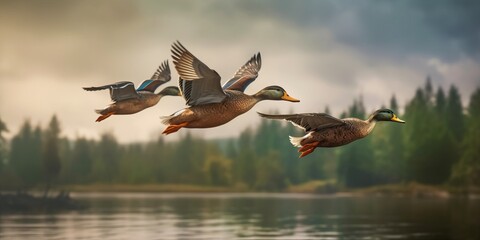 Wall Mural - Portrait mallard ducks flying over the lake AI Generative