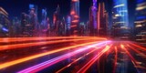 Fototapeta Perspektywa 3d - Neon lights car trails. Neon lights futuristic city background. Abstract motion speed city