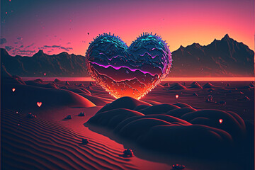 Heart shape sunset, Retro wave sunset, Valentine's day, style of synth wave artwork, background