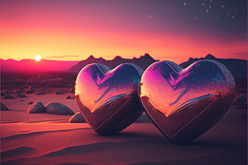 Two hearts, Retro wave sunset, Valentine's day, style of synth wave artwork, background
