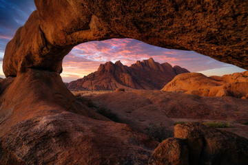 Dramatic sunset over Spitzkoppe, Namibia, Africa.