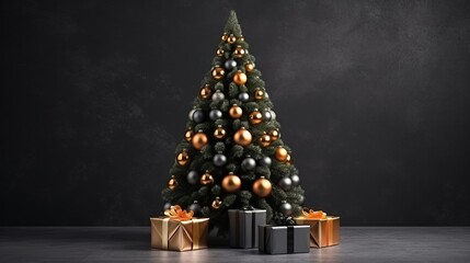 Merry Christmas holiday celebration greeting card background - Modern christmas tree with golden noble luxurious baubles and presents on floor (Generative Ai)