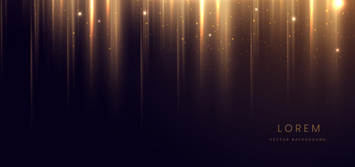 Abstract glowing gold vertical lighting lines on dark  background with lighting effect and sparkle with copy space for text. Luxury design style.