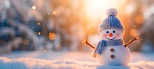 Winter Holiday Christmas Background Banner - Closeup Of Cute Funny Laughing Snowman With Wool Hat And Scarf, On Snowy Snow Snowscape With Bokeh Lights, Illuminated By The Sun (Generative Ai)