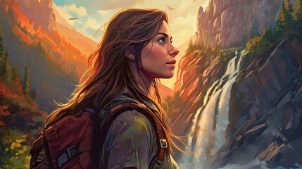 Wall Mural - Traveler woman close up portrait on stunning view of nature, side view of long haired attractive woman traveler nature explorer with backpack, breathtaking view of waterfall background, generative AI