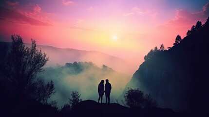 Wall Mural - Couple lovers travelers stands on top of mountain with foggy stunning view of nature sunlight, romantic journey of lovers together with breathtaking spectacular view, love concept, generative AI