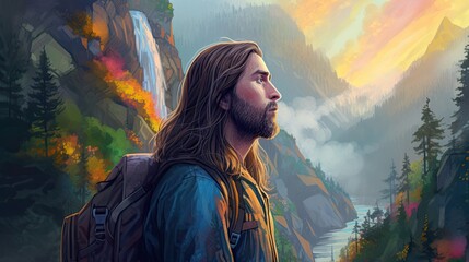 Wall Mural - Traveler man close up portrait on stunning view of nature, side view of long haired attractive man traveler nature explorer with backpack, breathtaking view with waterfall background, generative AI