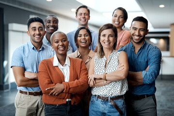 Poster - Diversity, portrait of happy colleagues and smile together in a office at their workplace. Team or collaboration, corporate workforce and excited or cheerful group of coworker faces, smiling at work