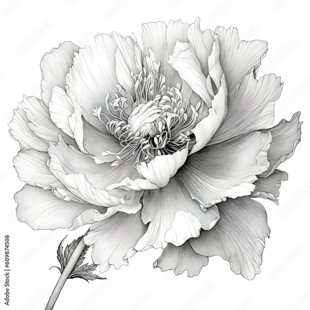 Black and white peony flower drawing illustration with line art on ...