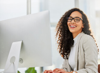 Sticker - Computer, smile and portrait of insurance agent or business woman in corporate company with success and startup growth. Happy, online and employee or entrepreneur working on agency project in office