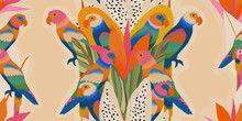 Modern Artistic Tropical Pattern With Parrots. Colorful Botanical Abstract Contemporary Seamless Pattern. Hand Drawn Unique Print.