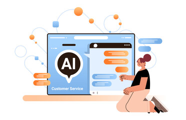 Poster - woman chatting with chatbot in computer application ai artificial intelligence technology concept ch